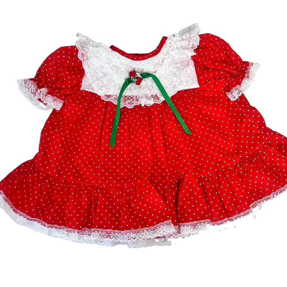 Vintage Girl's Dress Wonderland sz 9M Red Green White Polka Dots Lace Christmas